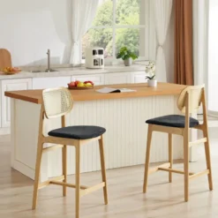 AugustinTabouret snack avec dossier en cannage et assise en tissu><noscript><img width=