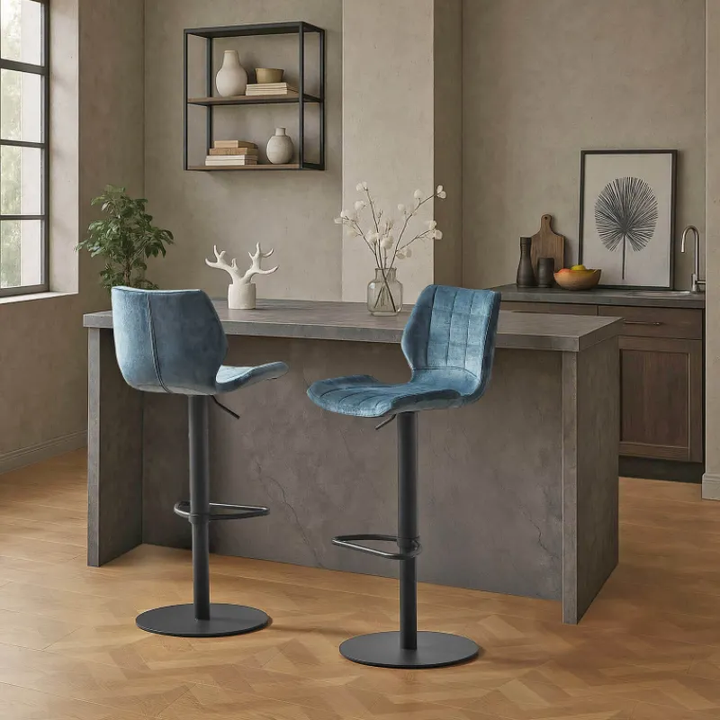 IndicaTabouret tournant et réglable coque en velours avec pied en métal noir> Tabouret Snack (assise +/- 65 Cm)|Tabouret De Bar (assise +/- 80 Cm)