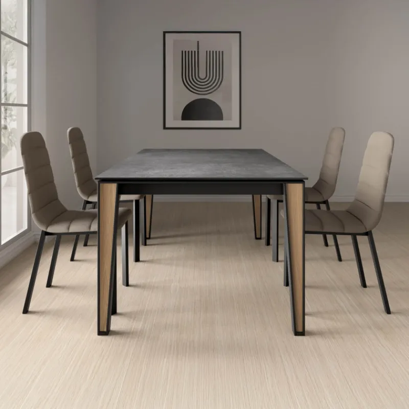 Cancio Okaso Table moderne extensible en céramique avec pieds bois et métal> Table De Salle à Manger