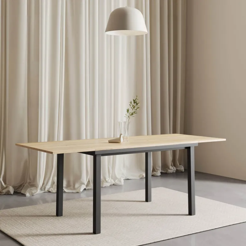 Perfecta Valentina Table de cuisine extensible en mélaminé chêne naturel avec pieds en métal noir> Table De Cuisine