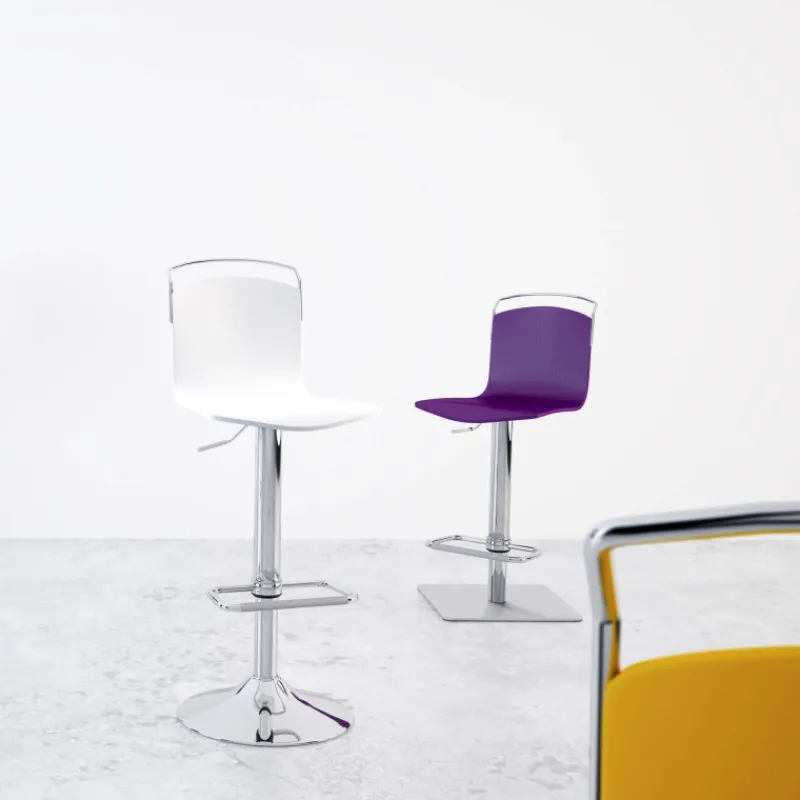 Cancio Win Tabouret design réglable et pivotant métal chromé et bois> Tabouret Snack (assise +/- 65 Cm)|Tabouret De Bar (assise +/- 80 Cm)